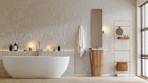 modern bathroom interior with tub and wooden stand sink, mirror, bath accessories, badsanierung